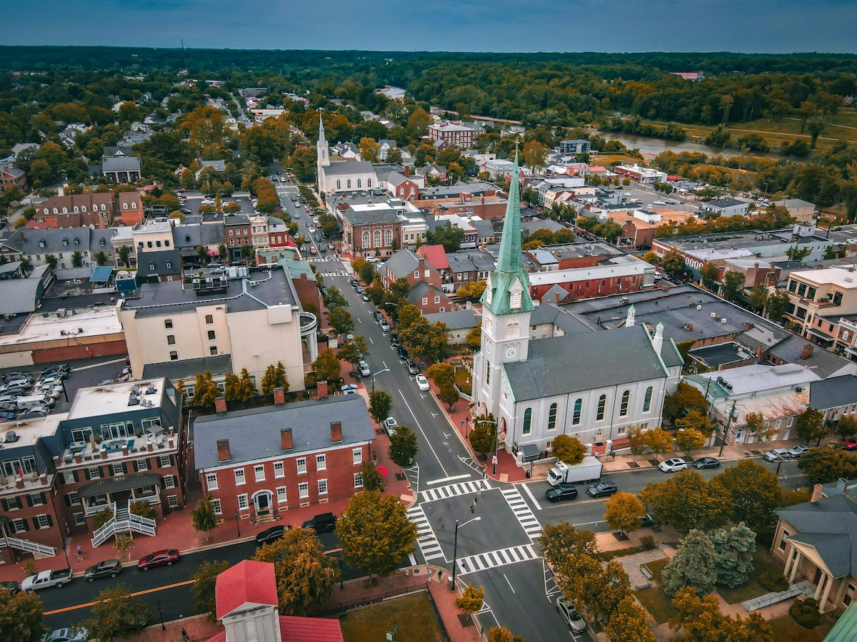 Aerial view of historic downtown Fredericksburg, Virginia, in autumn