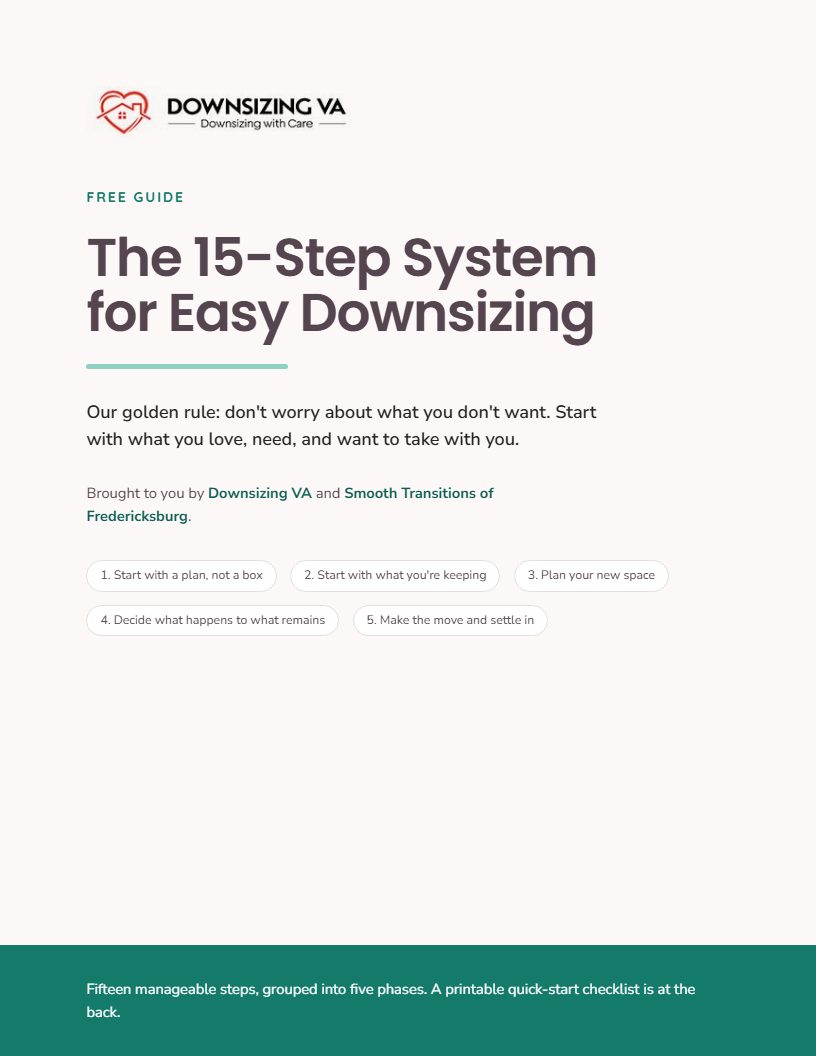 Cover of the free guide, The 15-Step System for Easy Downsizing