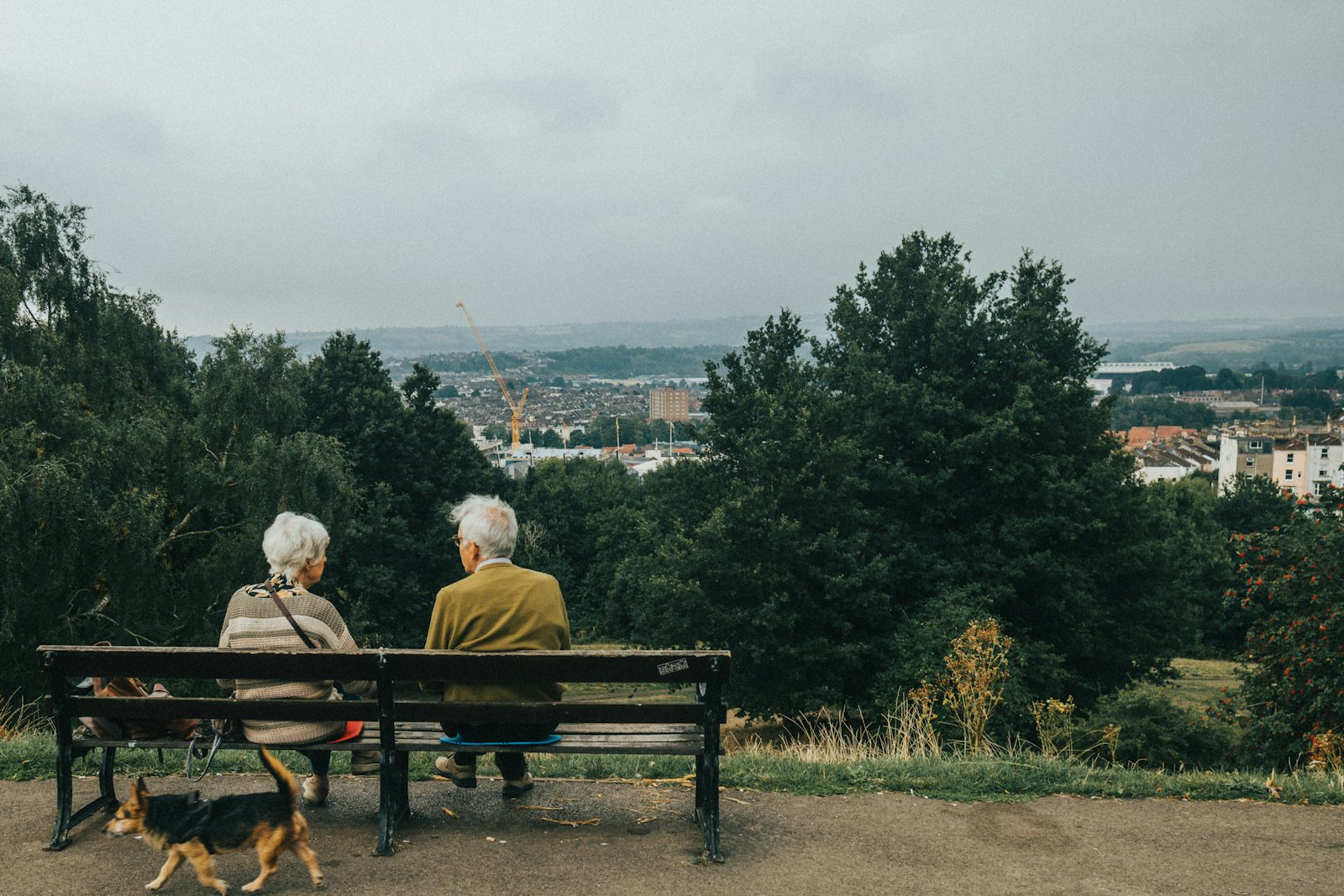 An older couple sitting together on a bench looking out over their town