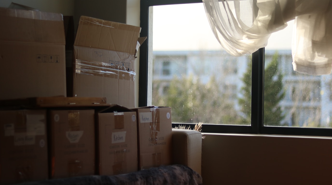 Moving boxes labeled by room, stacked beside a sunlit window