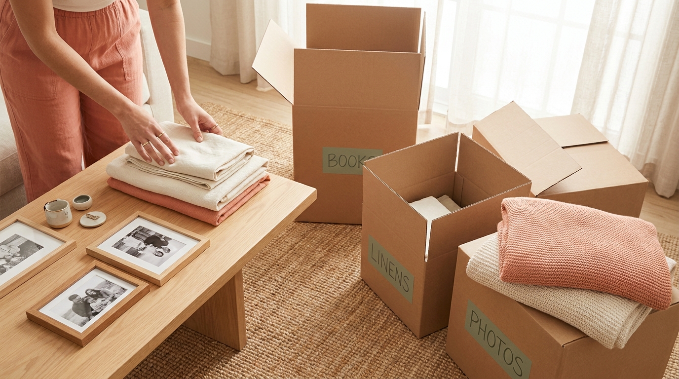 Neatly labeled moving boxes and sorted keepsakes during a calm, organized downsizing