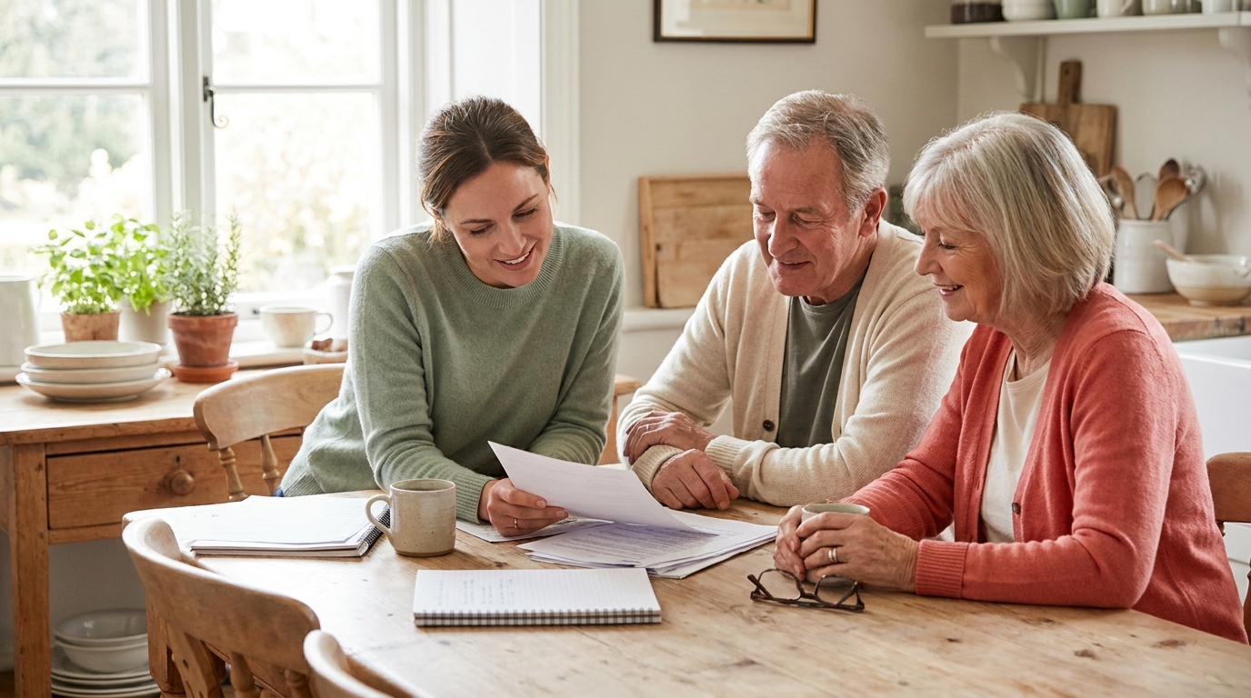 A real estate advisor reviewing paperwork at a sunlit kitchen table with an older couple